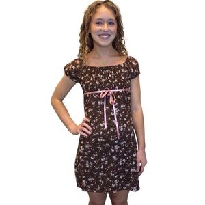 No Comment Brown Floral Mini Dress Empire Waist Ribbon Tie Sheer S
